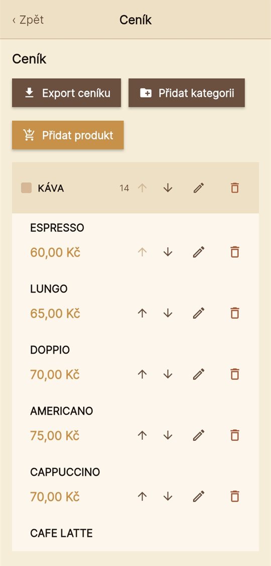 Ceník v kase: kategorie a její produkty