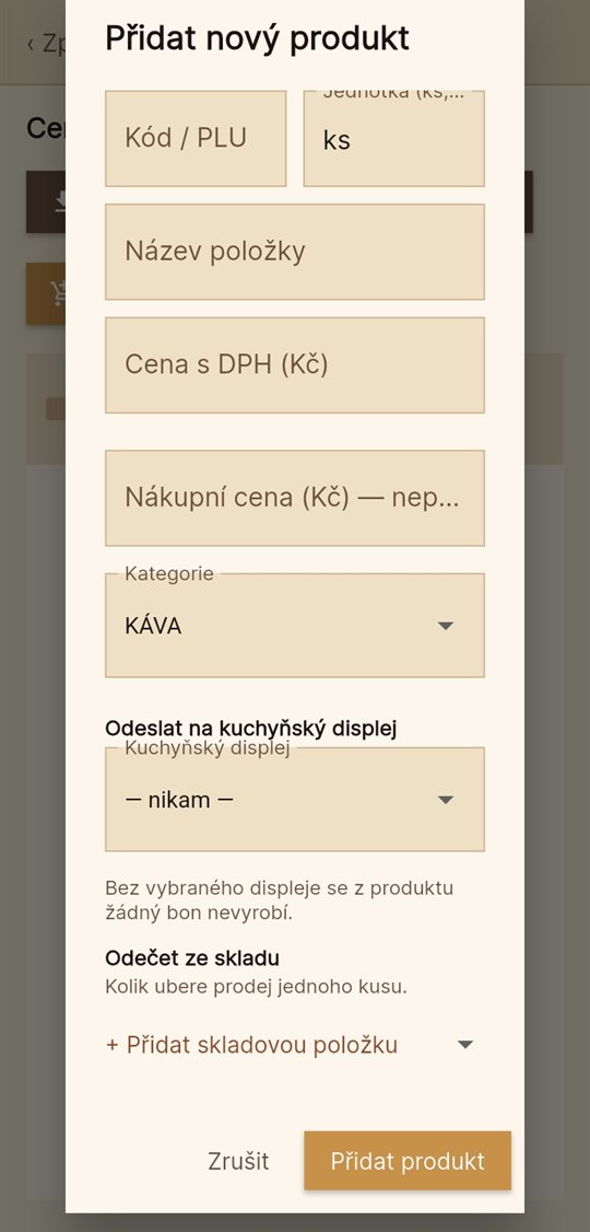 Nový produkt: cena, kategorie, kuchyňský displej a odečet ze skladu